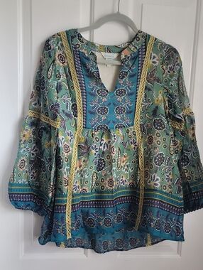 Sundance Anthropologie Green Teal and Yellow Floral Boho Tunic New Small S